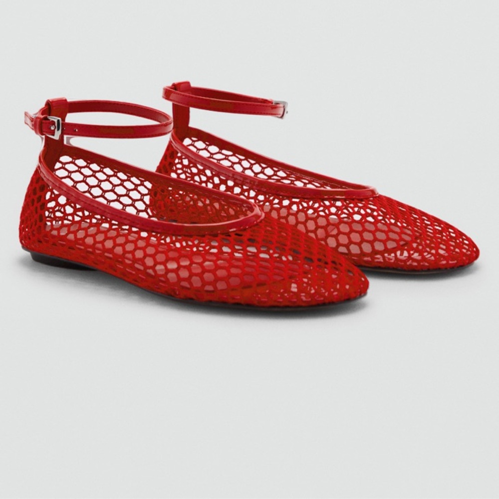 Mango Red Mesh ballet flats with strap and buckle